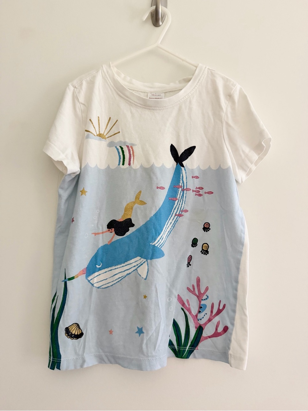 Hanna Andersson Girls' White & Light Blue Whale and Mermaid Graphic Tee Sz 8 Y